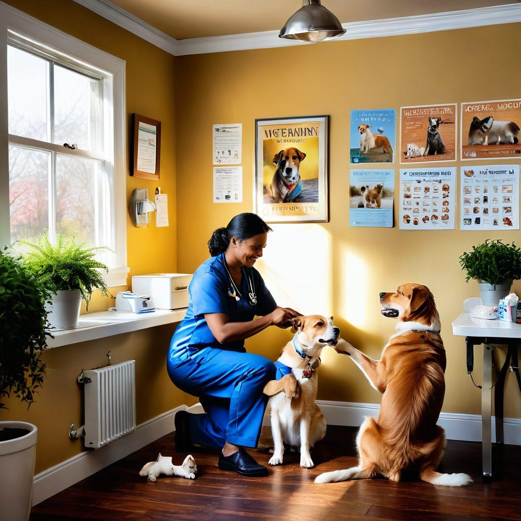 A heartwarming scene depicting a cozy, sunlit veterinary clinic in Georgia, showcasing a friendly veterinarian performing a spay on a dog while another vet is helping a family adopt a kitten. The walls are adorned with pet wellness posters and plants, radiating a sense of care and love for animals. In the background, happy pets and families can be seen interacting, symbolizing the journey from spaying to adoption. soft focus. vibrant colors. warm lighting.