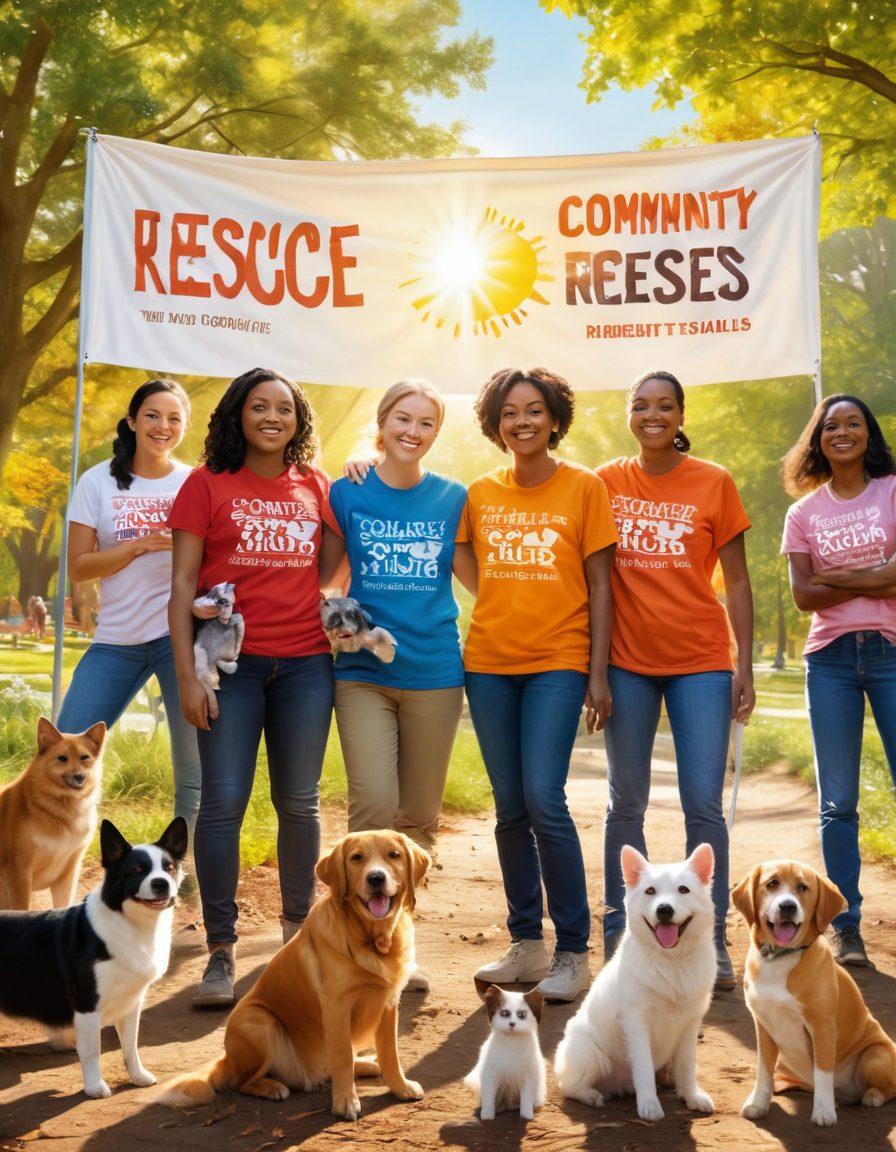 A heartwarming scene depicting a diverse group of volunteers working together in a sunny Georgia park, rescuing animals, with joyful faces and a mix of dogs and cats being cared for. Include a banner in the background that reads 'Community Animal Rescue'. Vibrant colors, warm sunlight filtering through trees, filled with love and compassion. super-realistic. vibrant colors. natural setting.
