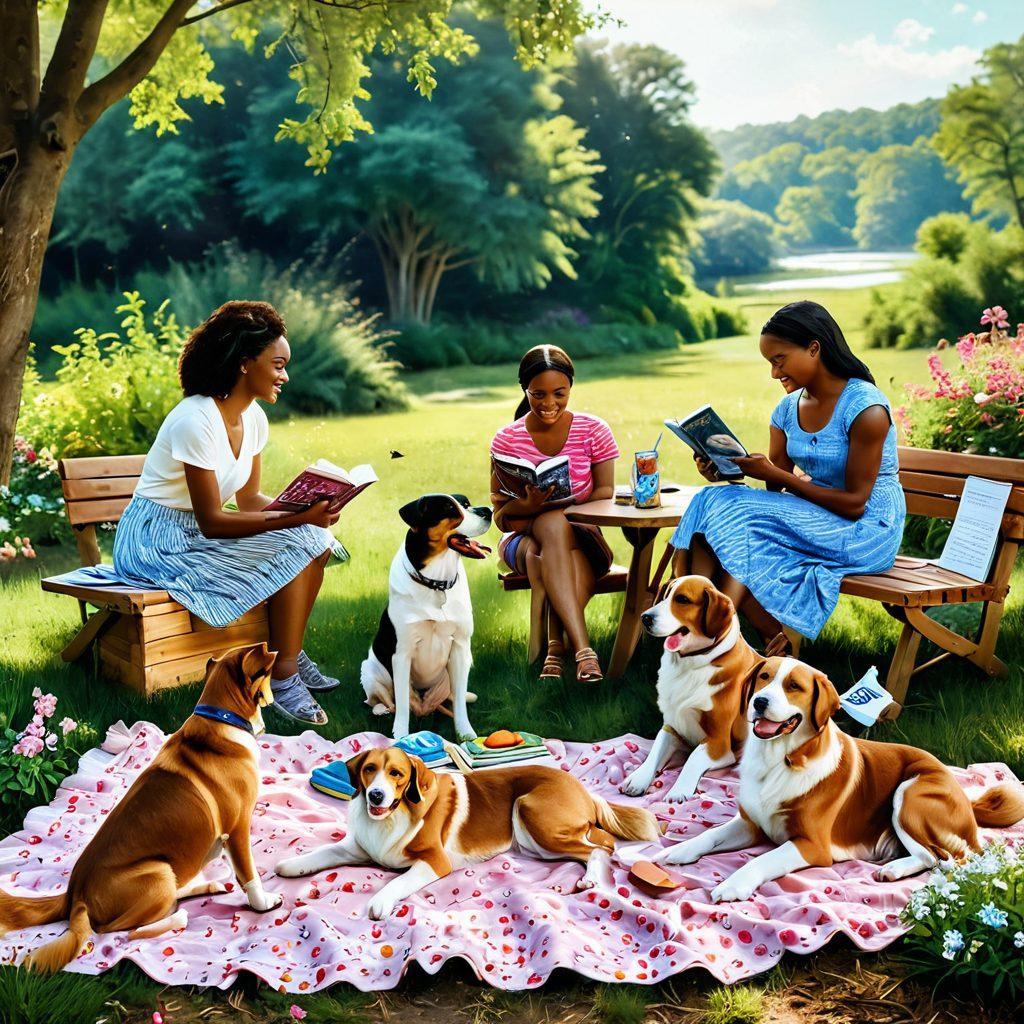 A heartwarming scene featuring a diverse group of pet owners joyfully interacting with their furry friends in a lush Georgia landscape. Include happy dogs and cats playing, a picnic blanket with pet care books and treats, and blooming flowers in the background. The atmosphere should radiate love and compassion for pets. Soft sunlight illuminating the scene enhances the emotional appeal. vibrant colors. super-realistic.